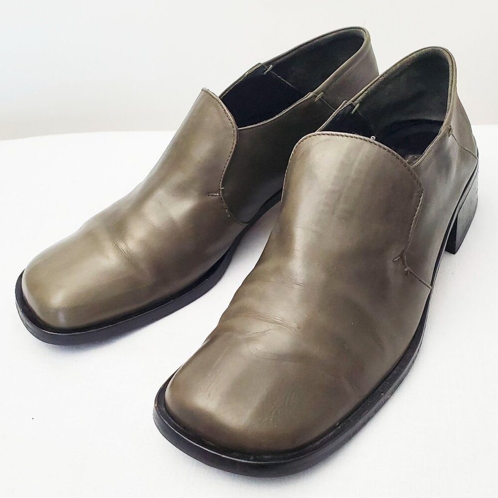 Oliver Italy Womens Olive Green Leather Square Toe Loafers Slip-ons 40